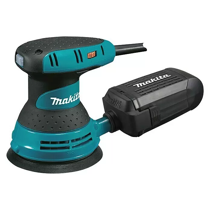 Makita Lijadora excéntrica eléctrica BO5031J - 300 W, Diámetro disco de lija: 125 mm - Una lijadora orbital aleatoria Makita turquesa y negra con una caja de recolección de polvo.