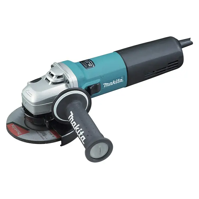 Makita Amoladora angular eléctrica 9565CR - 1.400 W, 11.000 r.p.m. - Imagen de una amoladora angular Makita con un disco de rectificar y un mango lateral.