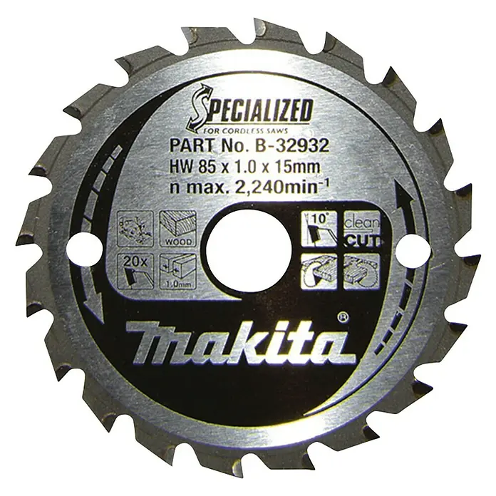 Makita Kreissägeblatt B-32932 - 85 mm, Bohrung: 15 mm, Anzahl Zähne: 20 Stk. - Makita B-32932 Sägeblatt mit 85 mm Durchmesser, ideal für saubere Schnitte in Holz mit Akku-Sägen, spezialisiert auf präzise Ergebnisse.