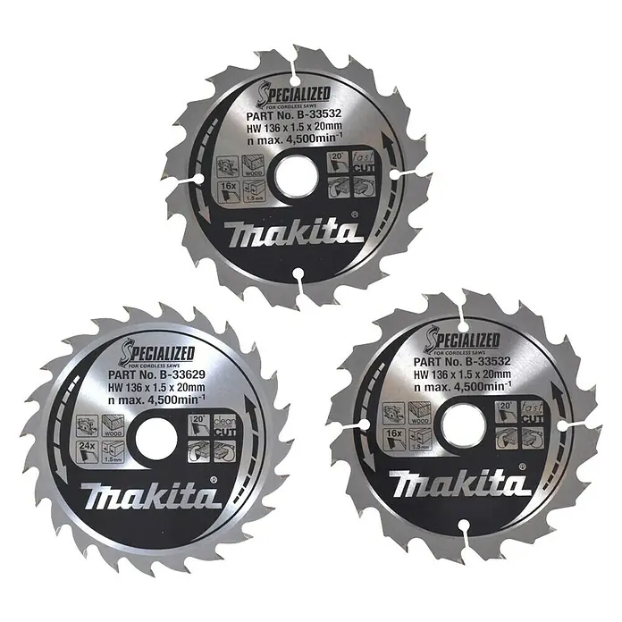 Makita Sägeblatt-Set B-33897 - Durchmesser: 136 mm, 3 -tlg. - Drei Makita-Spezialsägeblätter für kabellose Sägen, ideal für präzise Holzschnitte mit hoher Leistung und langer Lebensdauer.
