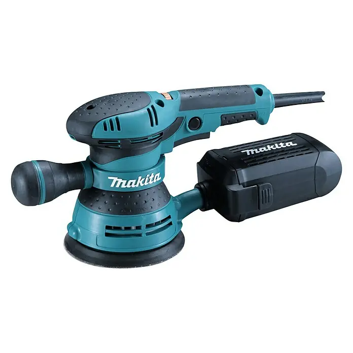 Makita Elektro-Exzenterschleifer BO5041J - 300 W, Durchmesser Schleifteller: 125 mm - Bild einer Makita Akku-Exzenterschleifmaschine. Sie ist blaugrün und schwarz und hat einen Akku.