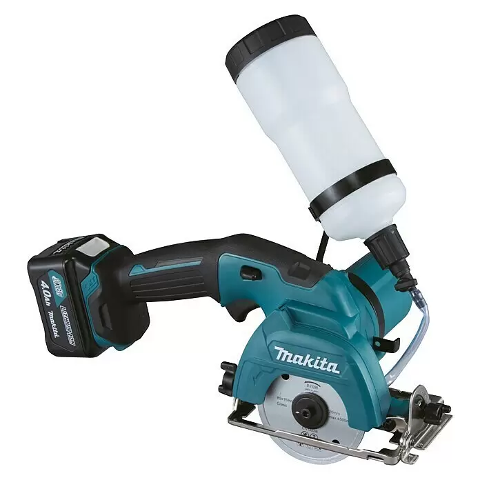 Makita CXT 12V max. Cortador de azulejos de batería CC301DSMJ - 12 V, 2 baterías, Profundidad de corte a 90 °: 25,5 mm - Cortador de azulejos/vidrio inalámbrico Makita turquesa y negro con batería de 10,8V y depósito de agua blanco para corte húmedo.