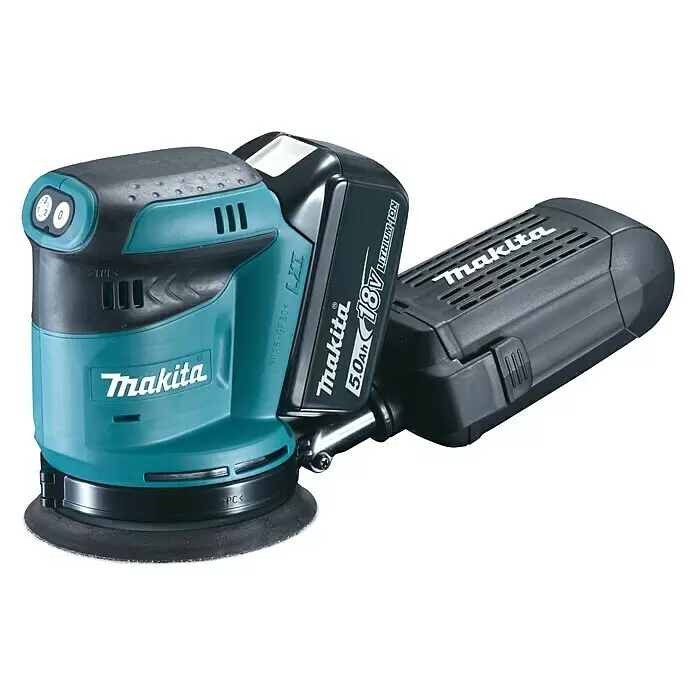 Makita LXT 18V Lijadora excéntrica de batería DBO180RTJ -  - Una lijadora orbital aleatoria sin cable Makita turquesa y negra con batería Li-ion de 18V 5.0Ah y bolsa recolectora de polvo negra.
