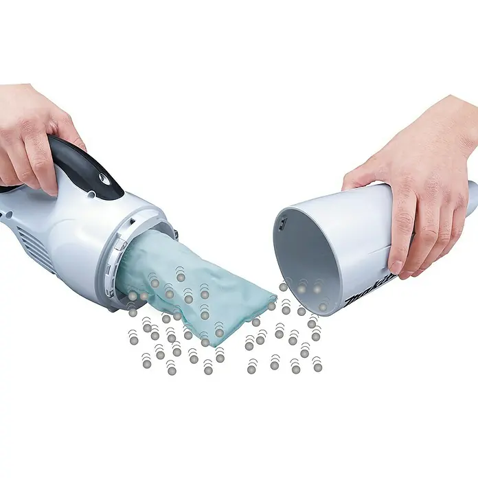 Makita LXT 18V Akku-Staubsauger DCL181FZW - 18 V, Ohne Akku - Staubsauger mit Beutel und Behälter zur Reinigung. Das Gerät ist weiß und für den Hausgebrauch bestimmt.