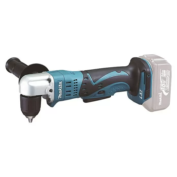 Makita LXT 18V Taladro angular de batería DDA351Z - 18 V, Sin batería - Taladro angular inalámbrico Makita 18V LXT en azul verdoso y negro con portabrocas plateado y batería gris.
