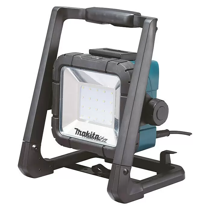 Makita LED-Akkustrahler DEADML805 - 18 V, Ohne Akku, L x B x H: 214 x 261 x 328 mm - Eine tragbare Makita LED-Arbeitsleuchte mit schwarzem Griff, türkisfarbenem Gehäuse und heller weißer LED-Fläche auf einem Ständer.
