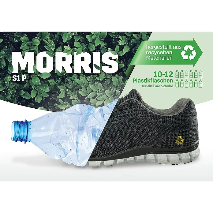Safety Jogger Sicherheitshalbschuh Morris S1P - 45, Schutzklasse nach EN ISO 20345: S1P, Schwarz - Nachhaltiger Morris S1 P Schuh, hergestellt aus 10-12 recycelten Plastikflaschen. Umweltfreundliche Wahl für Komfort und Stil.