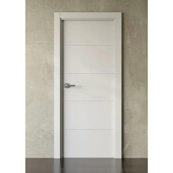 Pack puerta de interior Recife - 72,5 x 203 cm, Derecha, Blanco - Puerta blanca moderna con detalles horizontales y un tirador elegante, ideal para un hogar con estilo.