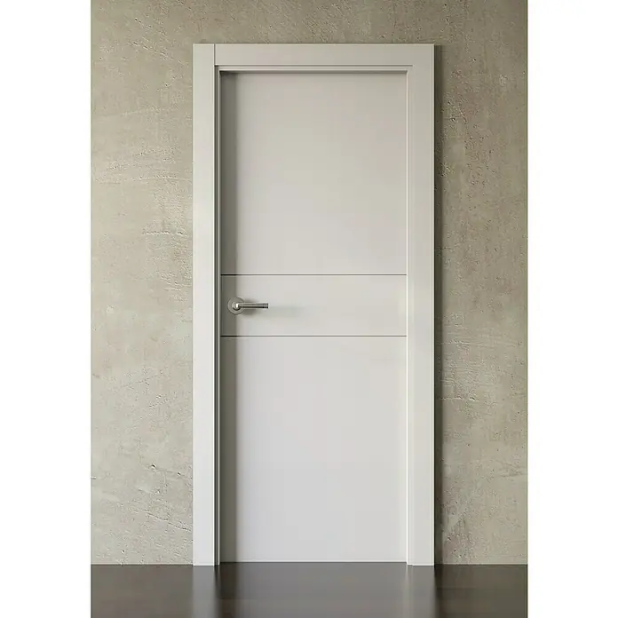 Pack puerta de interior Lima - 62,5 x 203 cm, Derecha, Blanco - Una elegante puerta interior blanca con un tirador moderno, sobre una pared lisa. Esta puerta encarna minimalismo y estilo.