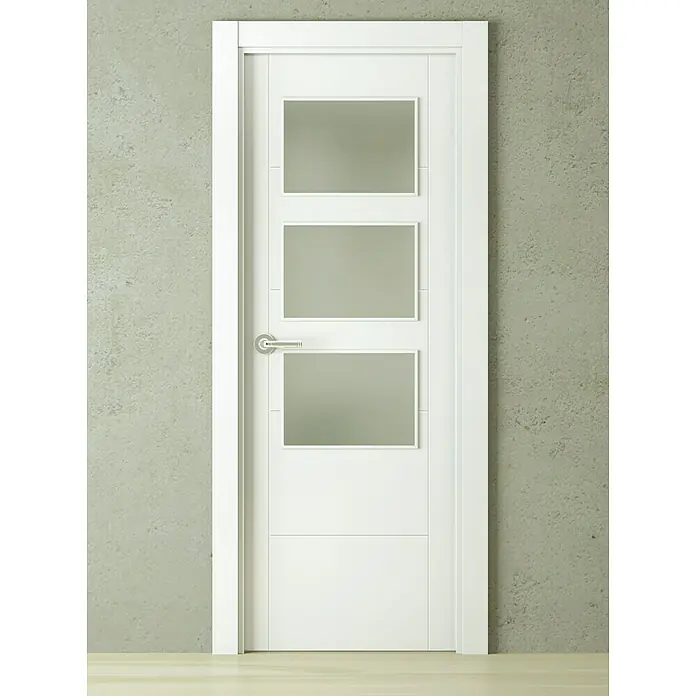Pack puerta acristalada Caracas - 72,5 x 203 cm, Derecha - Una puerta blanca moderna con tres paneles de vidrio rectangulares, ideal para un hogar luminoso y elegante.