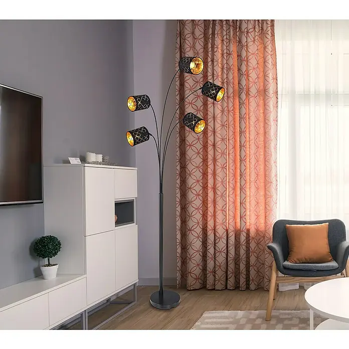 Globo Lámpara de pie Clarke - 125 W, L x An x Al: 85 x 130 x 204 cm, Negro, E14 - Una elegante lámpara de arco con cinco luces, su diseño moderno y luz cálida crean un ambiente acogedor.