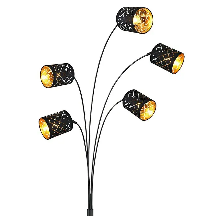 Globo Stehleuchte Clarke - 125 W, L x B x H: 85 x 130 x 204 cm, Schwarz, E14 - Elegante Stehlampe mit fünf schwarzen Lampenschirmen und goldfarbener Innenseite, die ein warmes Licht verbreitet.