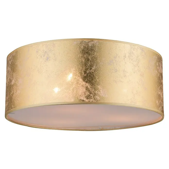 Globo Deckenleuchte rund Amy - 40 W, Ø x H: 40 x 17,5 cm, Gold, E14 - Nahaufnahme einer goldenen Deckenleuchte, die ein warmes Licht abgibt, perfekt für stimmungsvolle Beleuchtung in jedem Raum.