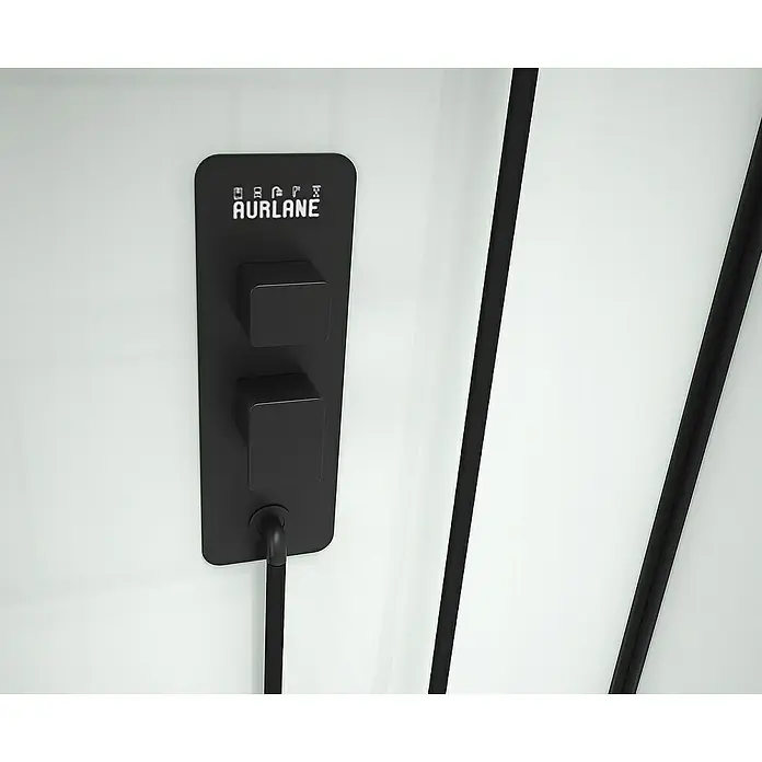 Aurlane Cabina de ducha completa Graphic - 80 x 110 x 225 cm, Negro - Primer plano de un panel de ducha Aurlane con un diseño minimalista, acentuado por líneas limpias y una elegante combinación de colores blanco y negro.