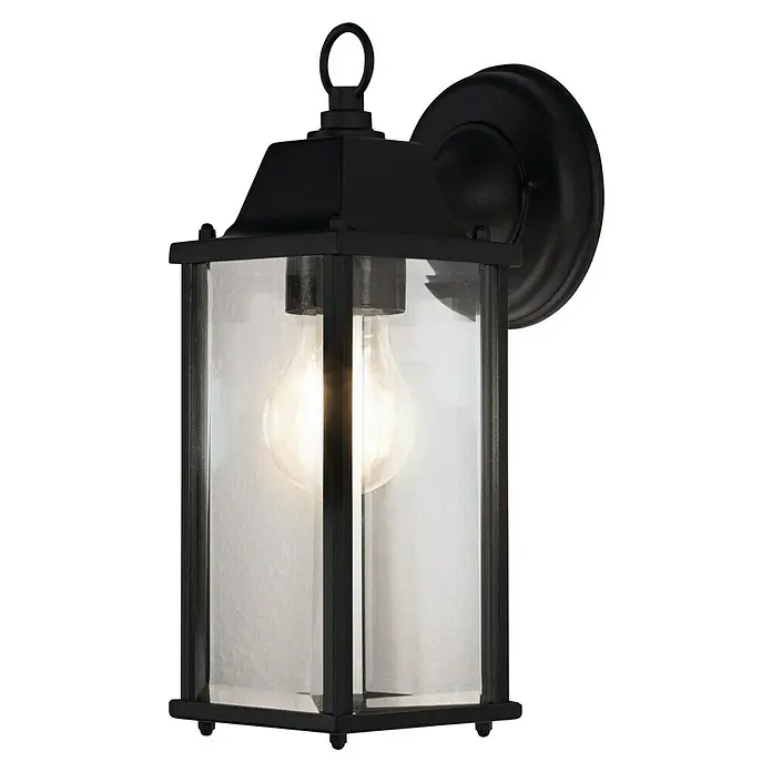 Osram Außenwandleuchte - 150 x 10,5 x 293 cm, Aluminum, IP23 - Nahaufnahme einer schwarzen Außenwandleuchte mit klarem Glas und einer Glühbirne im Inneren, die ein warmes Licht ausstrahlt.