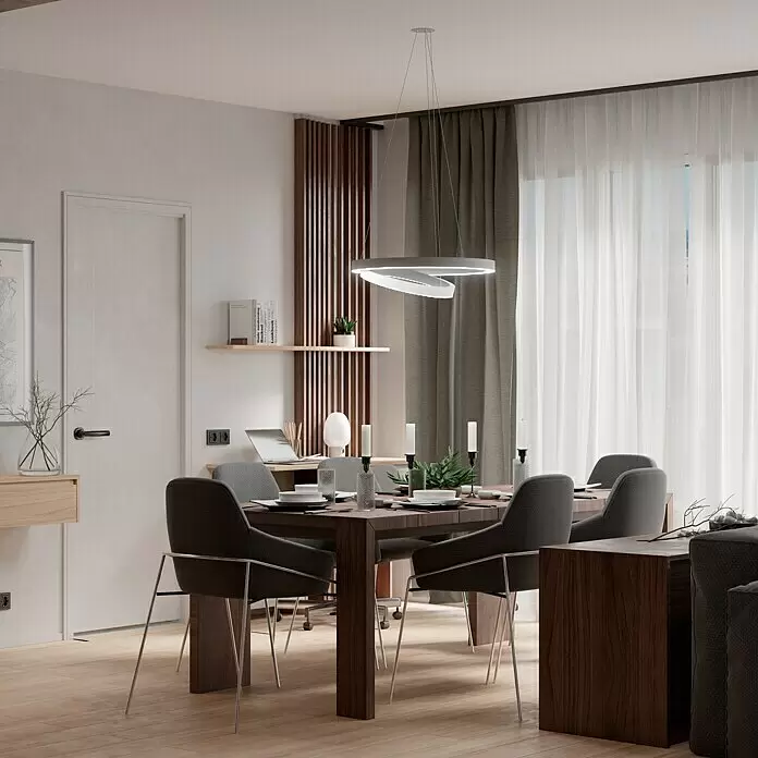 Direct Signs LED-Pendelleuchte Noble - Höhe: 150 cm, Weiß, Durchmesser: 600 mm - Moderner Esstisch mit grauen Polsterstühlen, in einem zeitgenössischen offenen Wohnbereich.
