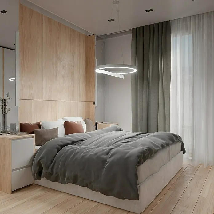 Direct Signs LED-Pendelleuchte Noble - Höhe: 150 cm, Weiß, Durchmesser: 600 mm - Schlafzimmer mit großem Bett, Nachttisch und moderner Hängeleuchte. Die Farbpalette ist neutral mit Holz Akzenten und grauer Bettwäsche.