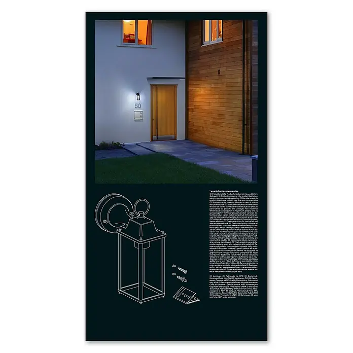 Osram Außenwandleuchte - 150 x 10,5 x 293 cm, Aluminum, IP23 - Abbildung einer klassischen Außenlaterne mit Montagezubehör, ideal für eine stilvolle Beleuchtung im Freien.
