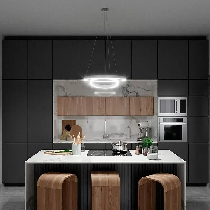 Direct Signs LED-Pendelleuchte Noble - Höhe: 150 cm, Weiß, Durchmesser: 600 mm - Moderne Küche mit dunklen Schränken, weißem Marmor und Holz-Akzenten, inklusive Kochinsel mit Induktionskochfeld und stilvollen Hockern.