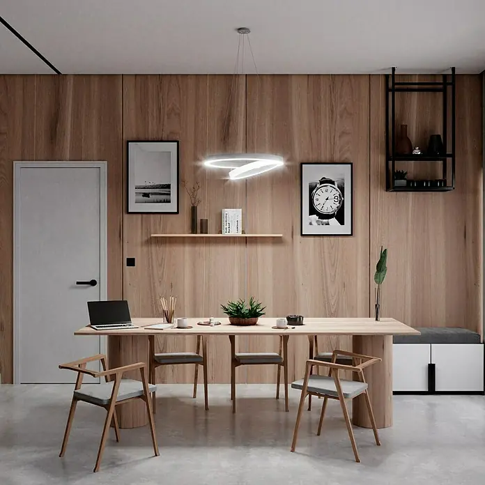 Direct Signs LED-Pendelleuchte Noble - Höhe: 150 cm, Weiß, Durchmesser: 600 mm - Bürointerieur mit modernem Schreibtisch und Stühlen. Die LED-Hängeleuchte sorgt für eine angenehme Beleuchtung im Raum.