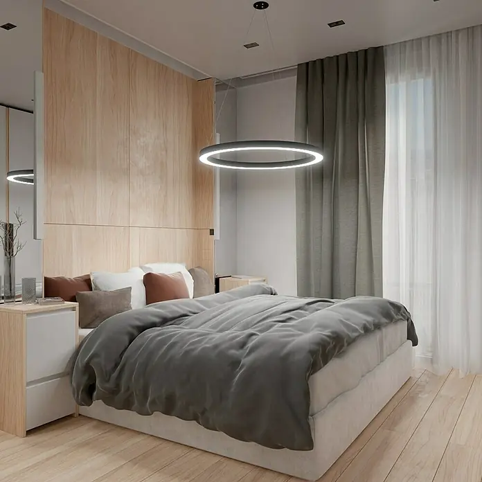Direct Signs LED-Pendelleuchte Noble - Durchmesser: 800 mm, Schwarz - Ein Schlafzimmer mit einem modernen kreisförmigen Deckenlicht, das über einem mit grauer Bettwäsche bedeckten Bett hängt.