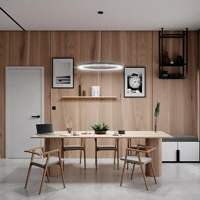 Direct Signs LED-Pendelleuchte Noble - Durchmesser: 800 mm, Schwarz - Ein modernes Esszimmer mit einem großen Holztisch, Stühlen und einer kreisförmigen Hängelampe. Die Wand ist mit Holz verkleidet.