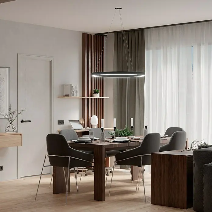 Direct Signs LED-Pendelleuchte Noble - Durchmesser: 800 mm, Schwarz - Elegantes Esszimmer mit modernem, kreisförmigem Deckenlicht, dunklem Holztisch und stilvollen grauen Stühlen unter sanftem Licht.