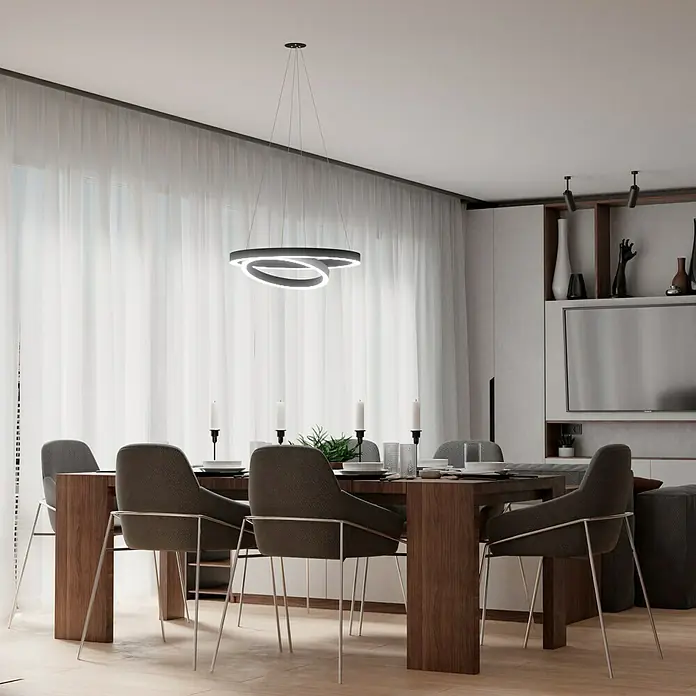 Direct Signs LED-Pendelleuchte Noble - Höhe: 150 cm, Schwarz, Durchmesser: 600 mm - Dieses Bild zeigt eine moderne Esstischszene mit einer eleganten, ringförmigen Hängeleuchte, die über dem Tisch schwebt.