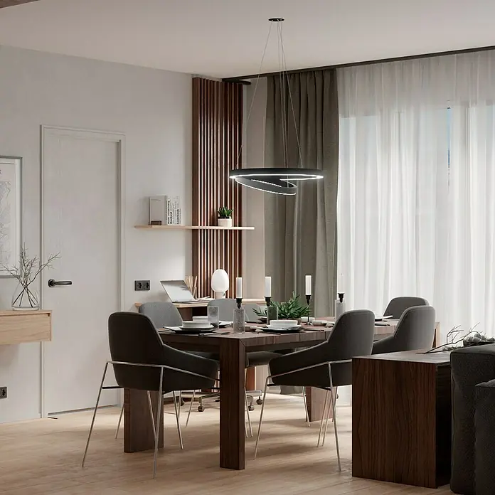 Direct Signs LED-Pendelleuchte Noble - Höhe: 150 cm, Schwarz, Durchmesser: 600 mm - Moderner Essbereich mit Holztisch, grauen Stühlen und einer eleganten, runden Hängeleuchte für stilvolle Beleuchtung.