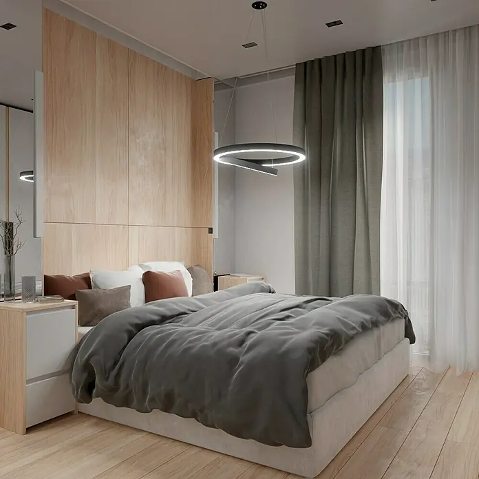 Direct Signs LED-Pendelleuchte Noble - Höhe: 150 cm, Schwarz, Durchmesser: 600 mm - Schlafzimmer mit modernem Ring Kronleuchter über dem Bett, der dem Raum ein stilvolles Ambiente verleiht.