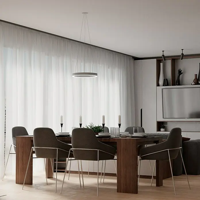 Direct Signs LED-Pendelleuchte Noble - Durchmesser: 400 mm, Weiß - Ein elegantes Esszimmer mit einem modernen, runden Deckenleuchter über einem Holztisch und stilvollen Stühlen.