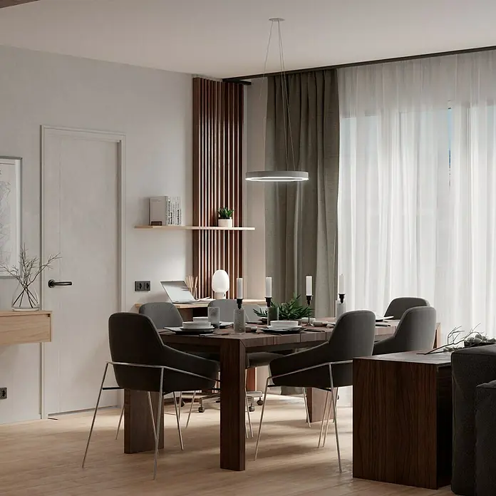 Direct Signs LED-Pendelleuchte Noble - Durchmesser: 400 mm, Weiß - Esszimmer mit Esstisch, Stühlen, minimalistischer Hängelampe und eleganten Vorhängen für ein stilvolles Ambiente.