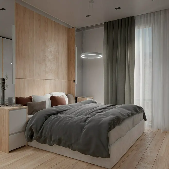 Direct Signs LED-Pendelleuchte Noble - Durchmesser: 400 mm, Weiß - Blick auf ein modernes Schlafzimmer mit einem gemütlichen Bett, einer Holzwand und stilvoller Beleuchtung.