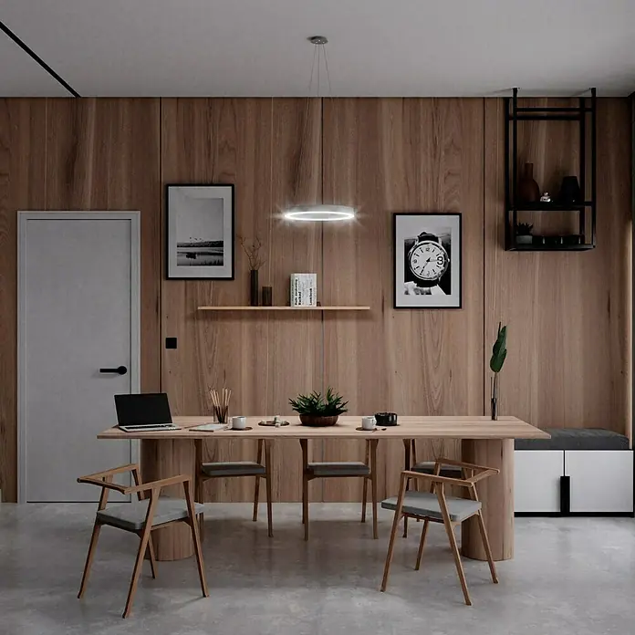 Direct Signs LED-Pendelleuchte Noble - Durchmesser: 400 mm, Weiß - Einladender Essbereich mit Holztisch, Stühlen und moderner Beleuchtung. Das stilvolle Design schafft eine warme Atmosphäre.