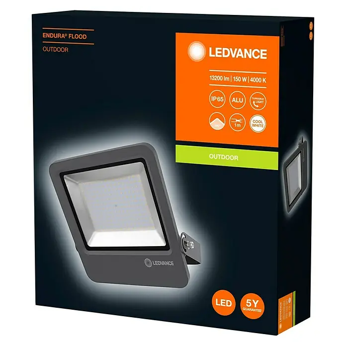 Ledvance LED-Strahler - 100 W - Bild eines LEDVANCE Endura Flood Outdoor LED-Strahlers in einer Produktverpackung mit technischen Details.