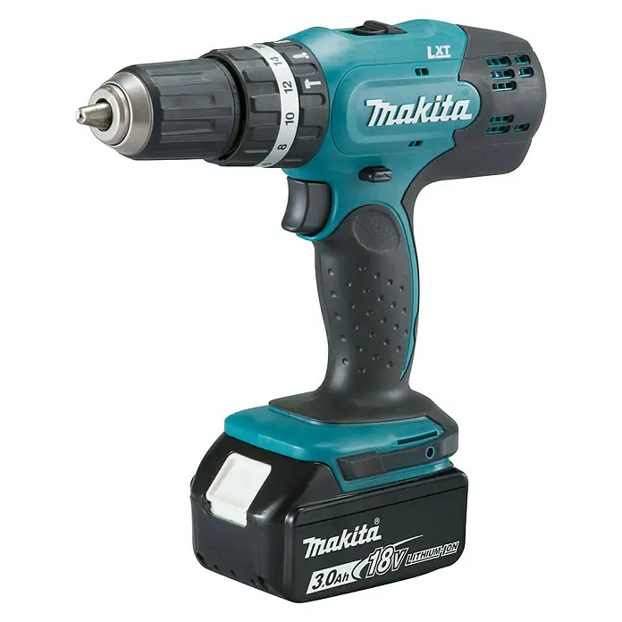Makita LXT 18V Taladro atornillador percutor de batería DHP453RFE - 18 V, 2 baterías, 3 Ah - Imagen de un taladro inalámbrico Makita con una batería de 18V. Ideal para bricolaje y uso profesional con par variable y un diseño compacto.