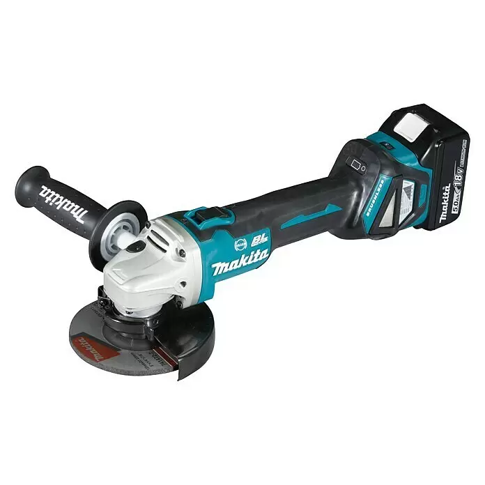 Makita LXT 18V Amoladora angular de batería DGA513 - 18 V, 2 baterías, 5 Ah, Diámetro disco: 125 mm - Amoladora angular inalámbrica Makita negra y turquesa con batería de 18V, empuñadura auxiliar y disco abrasivo.