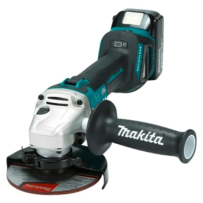 Makita LXT 18V Akku-Winkelschleifer DGA513RTJ - 2 Akkus, 5 Ah, Durchmesser Scheibe: 125 mm - Makita Akku-Winkelschleifer mit Akku und Griff, ideal für Schleifarbeiten. Das Werkzeug ist kabellos und bietet Flexibilität.