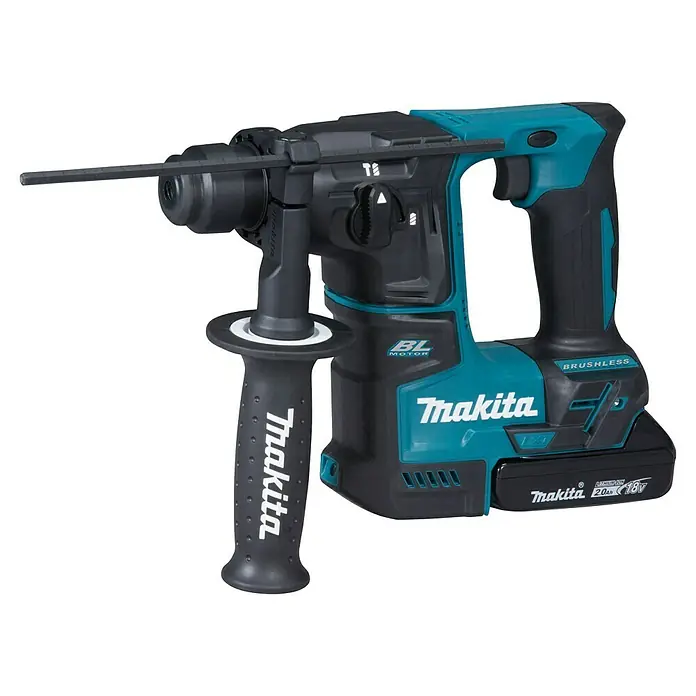 Makita LXT 18V Akku-Bohrhammer DHR171RAJ - 18 V, 2 Akkus, 1,2 J - Makita Akku-Bohrhammer mit Zusatzhandgriff und eingesetztem Bohrer, ideal für anspruchsvolle Bohr- und Meißelarbeiten.