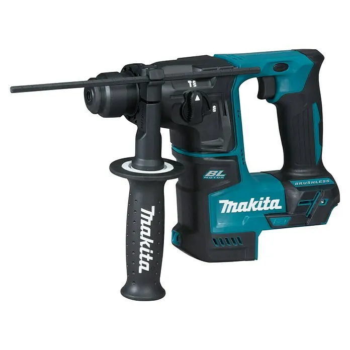 Makita LXT 18V Akku-Bohrhammer DHR171Z - 18 V, Ohne Akku, 1,2 J - Eine Akku-Bohrmaschine von Makita mit blau-schwarzem Design und einem Zusatzhandgriff für präzises Arbeiten. Ideal für Profis und Heimwerker.