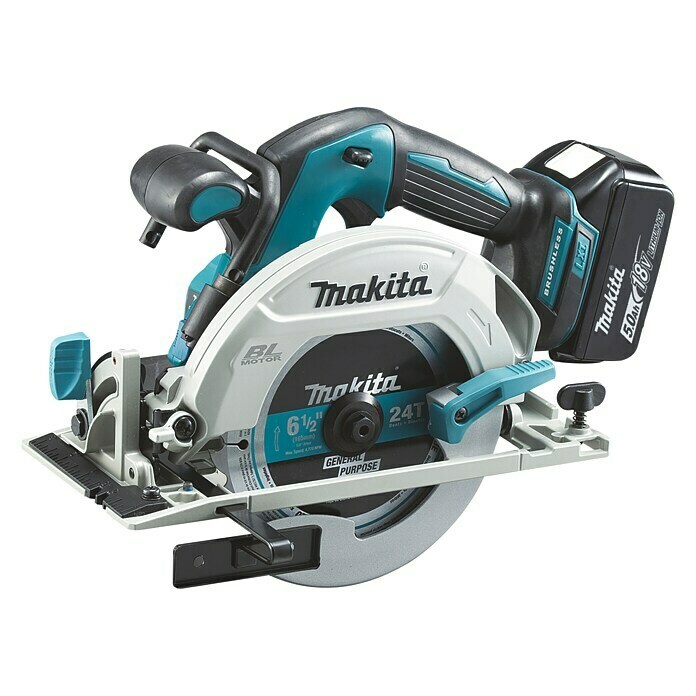 Makita Sierra circular de batería (18 V, Iones de litio, 5 Ah, 2 baterías, Número de revoluciones de marcha en vacío: 5.000 r.p.m.)