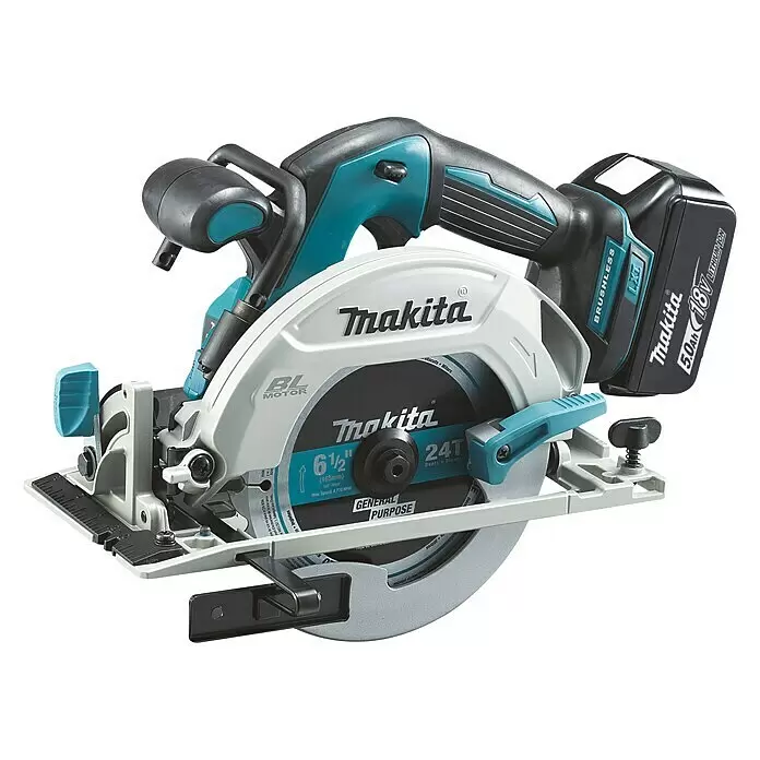 Makita LXT 18V Sierra circular de batería DHS680Z - 18 V, 2 baterías, 5 Ah, Número de revoluciones de marcha en vacío: 5.000 r.p.m. - Sierra circular inalámbrica Makita 18V azul verdoso, negra y gris claro. Con hoja multiusos de 6 1/2" y batería 5.0Ah.