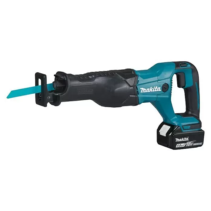 Makita LXT 18V Sierra de sable de batería DJR186ZK - 18 V, 1 batería, 5 Ah, Número de carreras marcha en vacío: 0 /min - 2.800 /min - Sierra de sable inalámbrica Makita turquesa y negra con hoja azul y batería de 18V 5.0Ah.