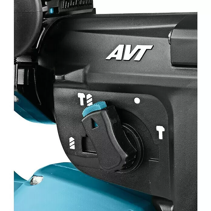 Makita LXT 18V Akku-Kombihammer DHR281ZJ - 36 V, Ohne Akku, 2,8 J - Nahaufnahme eines schwarzen Elektrowerkzeugs mit türkisfarbenem Teil, weißem 'AVT'-Logo und Moduswahlschalter mit blauem Knopf.