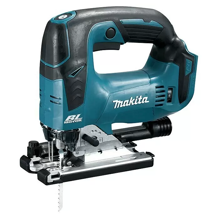 Makita LXT 18V Sierra de calar de batería DJV182Z - 18 V, Iones de litio, Sin batería, Número de carreras marcha en vacío: 800 /min - 3.500 /min - Sierra de calar inalámbrica Makita en turquesa y negro, mostrando su mango, hoja y selector de velocidad para cortes precisos.