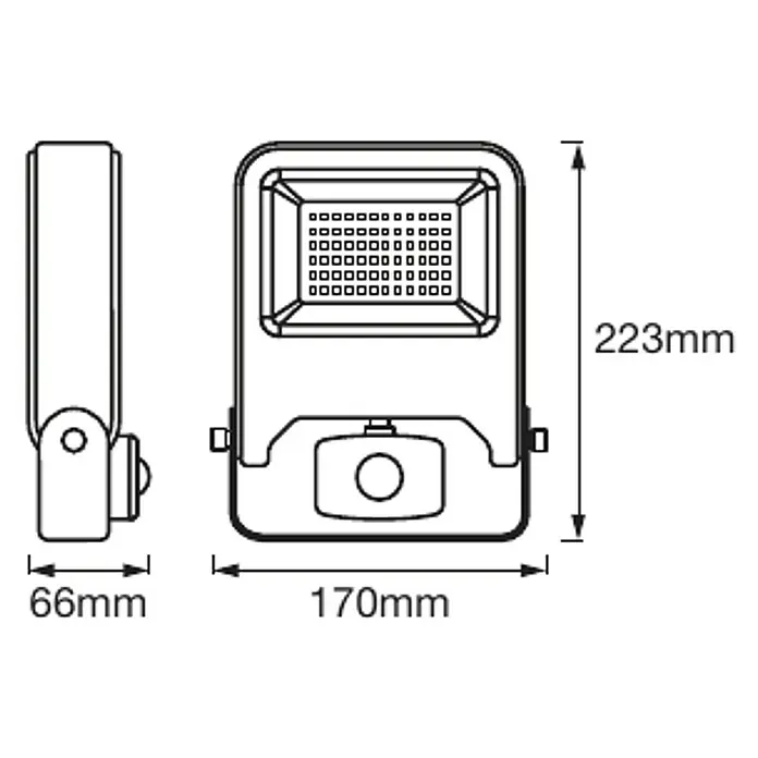 Osram LED-Sensor-Strahler - 2.700 lm, 4.000 K, L x B x H: 17 x 6,6 x 22,3 cm, IP44 - Maße einer LED-Strahler-Leuchte: 223mm Höhe, 170mm Breite und 66mm Tiefe. Schematische Darstellung zur Veranschaulichung.