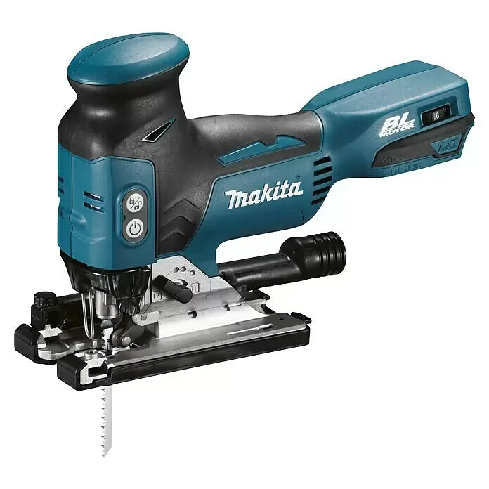 Makita LXT 18V Sierra de calar a batería con acción pendular DJV181Z - 18 V, Iones de litio, Sin batería, 800 /min - 3.500 /min - Sierra de calar inalámbrica Makita en azul verdoso y negro con hoja visible y control de velocidad.
