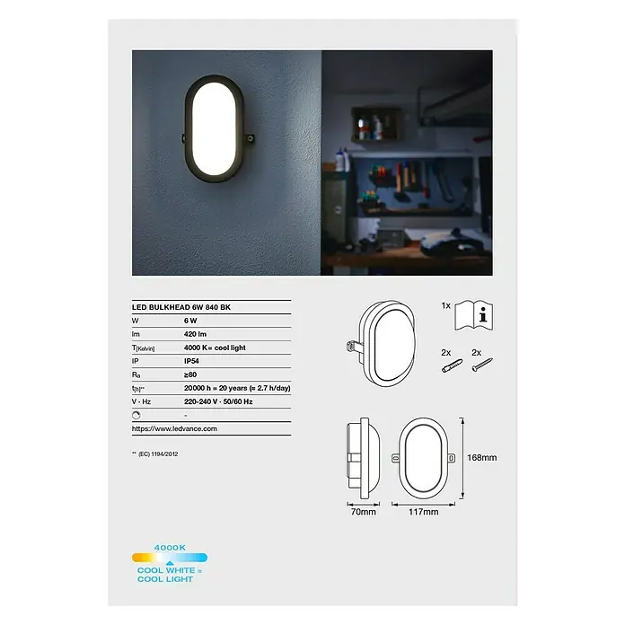 Osram LED-Außenwandleuchte Bulkhead - 5,5 W, 117 x 16,8 x 70 cm, Schwarz, IP54 - Produktbild der LED Bulkhead 6W 840 BK, eine robuste und energieeffiziente Leuchte für den Innen- und Außenbereich.