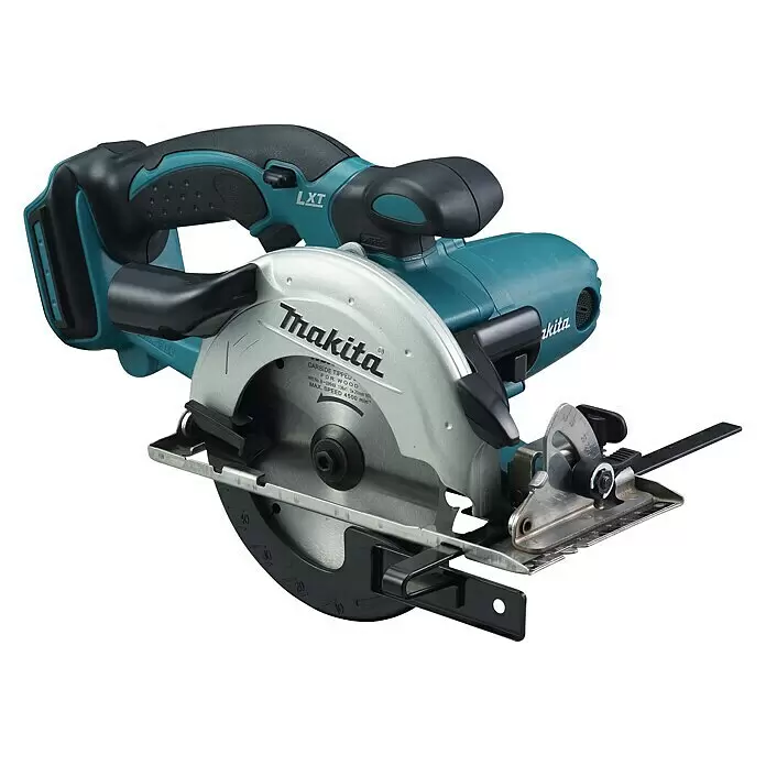 Makita LXT 18V Sierra circular de batería DSS501Z - 18 V, Sin batería, 3.600 r.p.m. - Una sierra circular inalámbrica Makita con cuerpo turquesa y negro y protector de hoja plateado.
