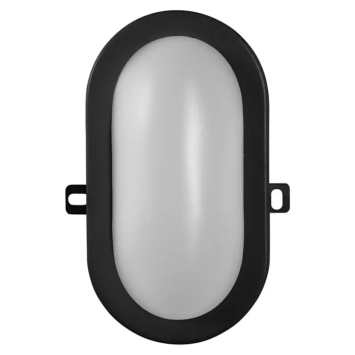 Osram LED-Außenwandleuchte Bulkhead - 5,5 W, 117 x 16,8 x 70 cm, Schwarz, IP54 - Nahaufnahme einer ovalen, schwarzen Außenleuchte mit einem milchig-weißen, länglichen Diffusor, ideal für die Wandmontage im Außenbereich.